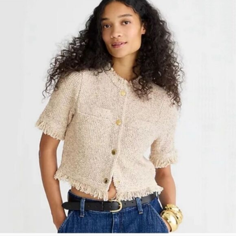 J.Crew Tweed Fringe Cardigan Top Size M Beige Preppy Chic Short Sleeve Medium